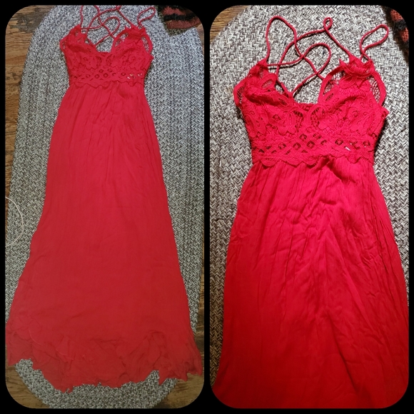 Free People FP ONE Adella Crochet lace gauzy maxi midi dress summer strappy red - Picture 6 of 16